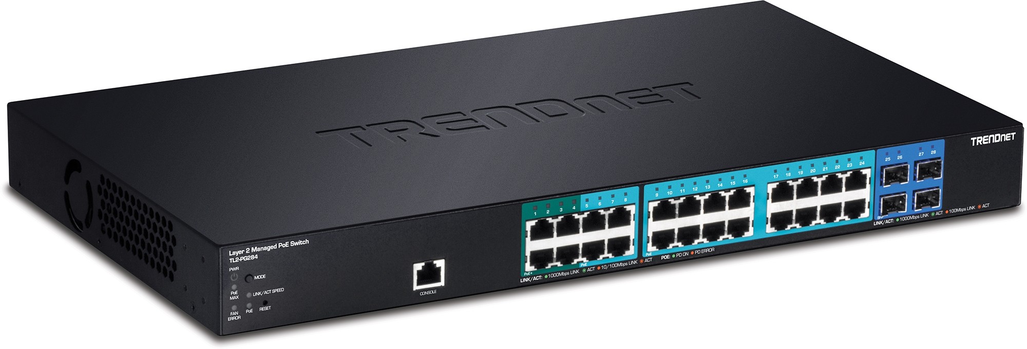 TRENDnet 28-port Gigabit POE+ Managed Layer 2 Switch with 4 shared SFP slots TL2-PG284