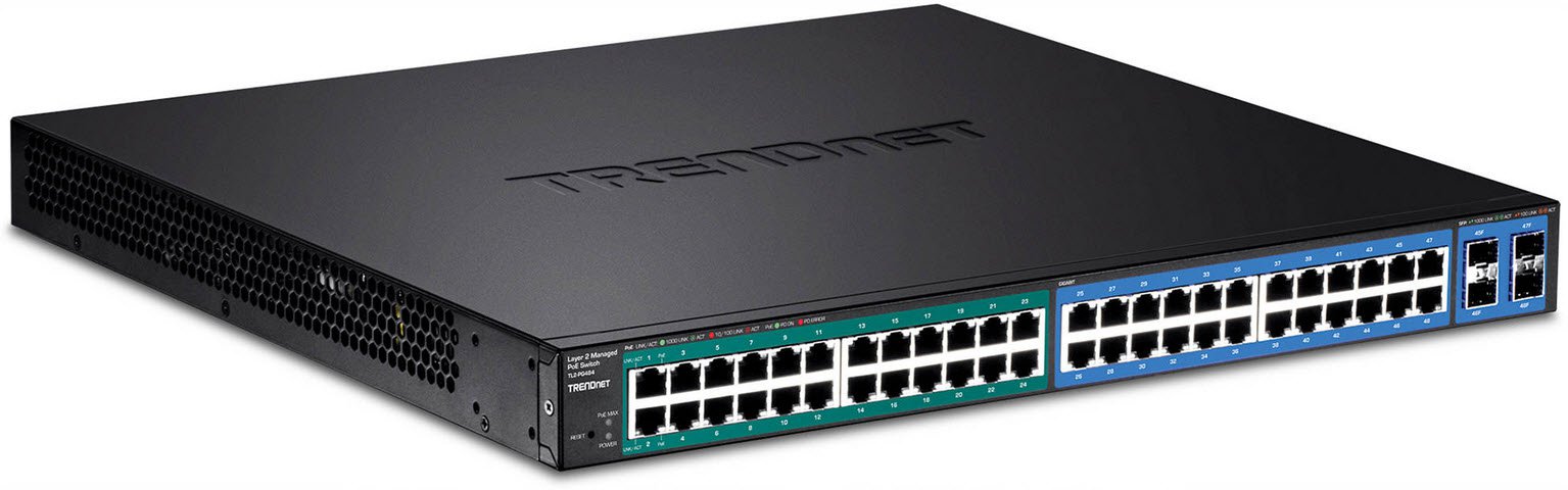 TRENDnet 48-Port Gigabit POE+ Managed Layer 2 Switch with 4 shared SFP slots TL2-PG484
