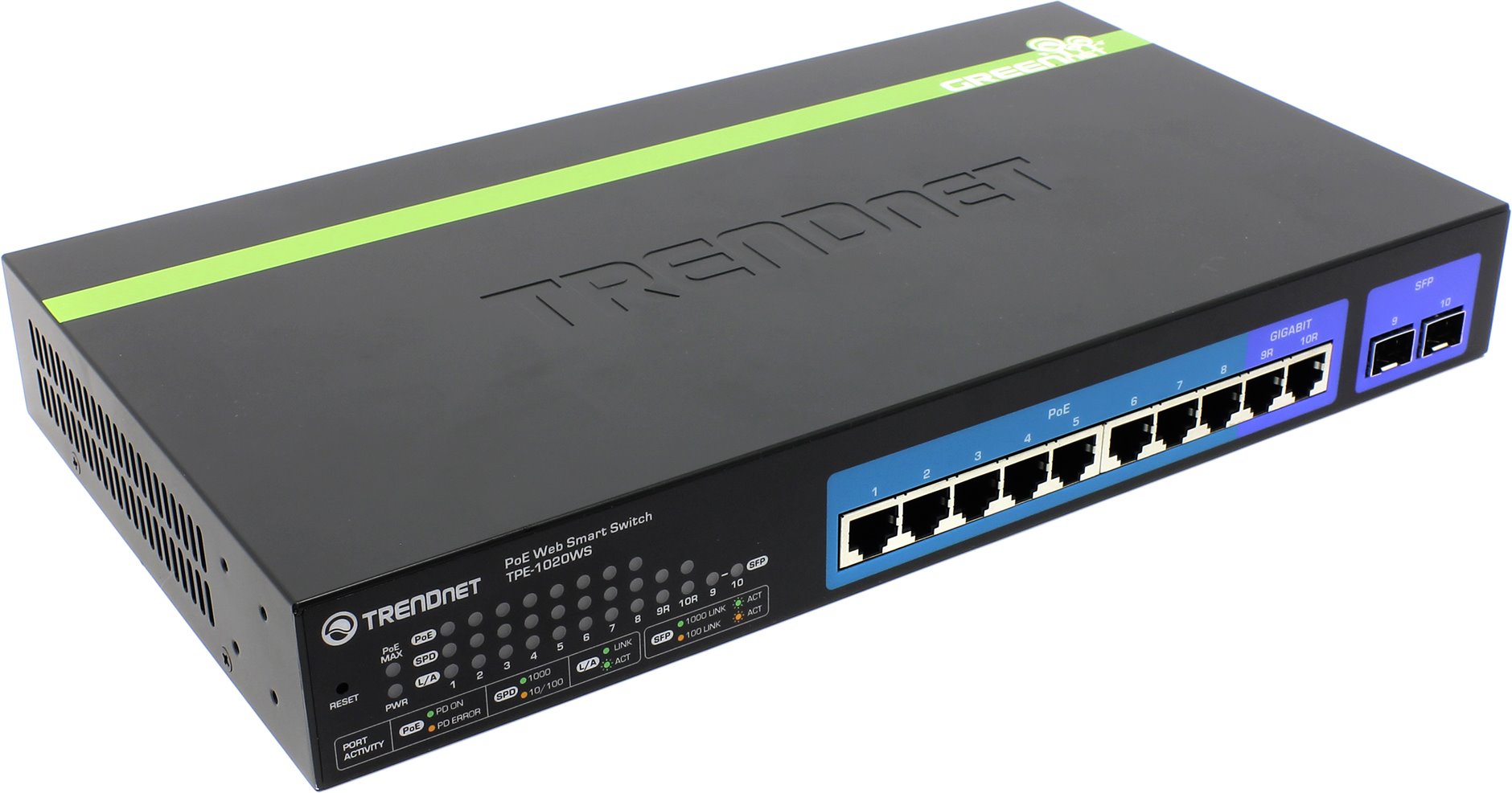 TRENDnet 10-port Gigabit Websmart PoE+ Switch /w 2 SFP slots (8 PoE+, 2 SFP) (75W) TPE-1020WS