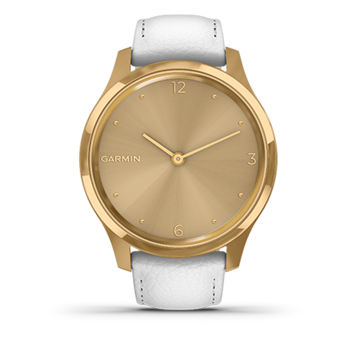 Vòng đeo tay theo dõi sức khỏe Garmin Vivomove Luxe, White Leather with 24K True Gold Hardware_010-02241-88